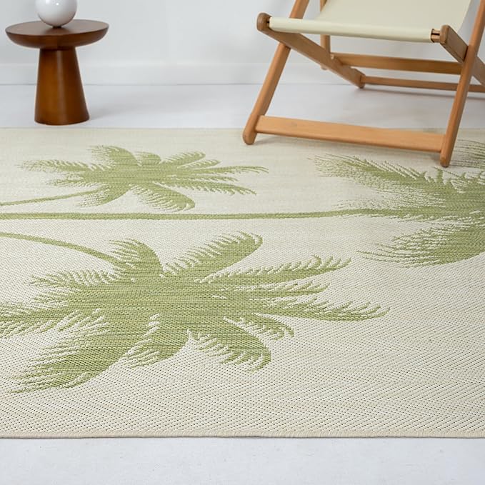 LR Home 5 x 7 Indoor / Outdoor Area Rug for Home Decor | Coastal Palm Tree large size carpet for living room, bedroom, playroom, patio, garden | Modern farmhouse rug | Beige / Dark Green