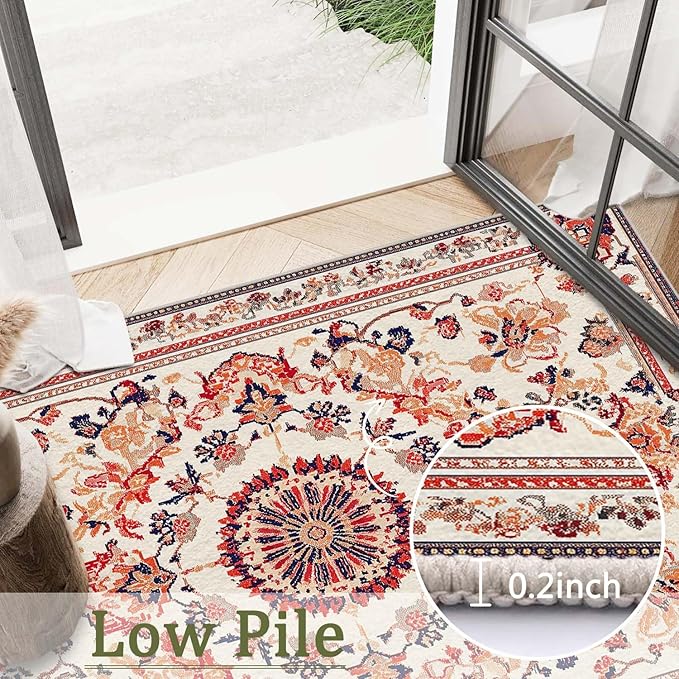 2x3 Entryway Rug Boho Orange Area Rug Indoor Entrance Non Slip Door Mat Stain Resistant Washable Machine Soft Low Pile Small Carpet Bathroom Kitchen