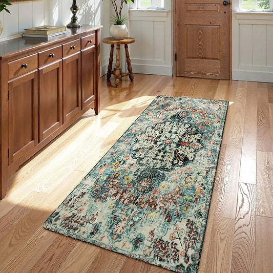 Lahome Bohemian Floral Medallion Rug - 2x4 Washable Kitchen Rug Soft Laundry Room Runner, Vintage Non Skid Indoor Throw Carpet for Entryway Doorway Bathroom Sink, Teal