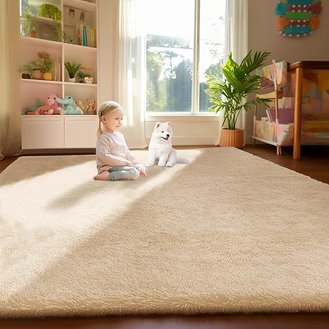Sour Lemon Area Rugs 9x12 Living Room, Beige Large Area Rug Shag Shaggy Carpet Soft Plush Furry Bedside Rug, Machine Washable Area Rugs for Bedroom Kids Girls Boys Home Decor Anti Slip