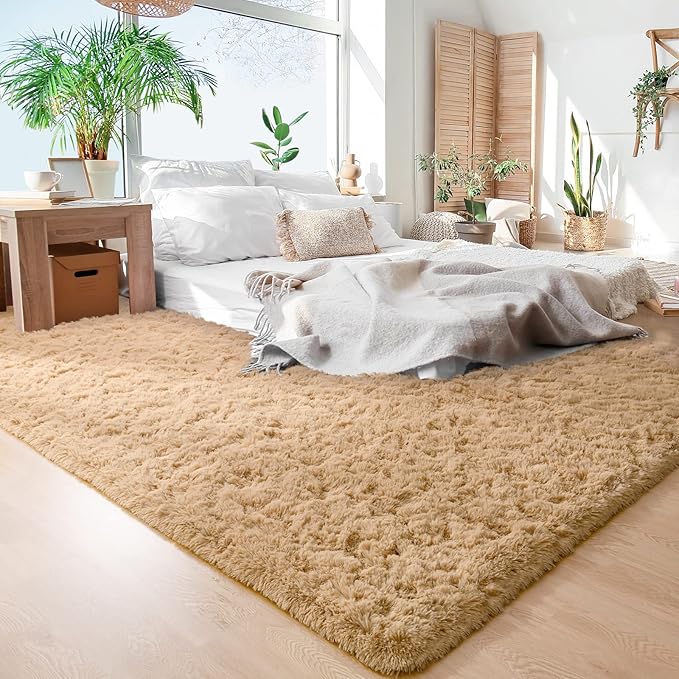 YJ.GWL Area Rugs for Living Room Bedroom, 4x6 Machine Washable Large Beige Carpet, Soft Fluffy Shaggy Thick Big Shag Indoor Floor Rug for Kids Boy and Girls Room Dorm Home Decor Aesthetic