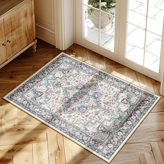 BESTSWEETIE 2x3 Area Rugs for Living Room, Washable Ultra Soft Boho Vintage Print Pattern Rug Non Slip Low Pile Carpet for Dining Room Bedroom Entryway Indoor-Multi/Blue/Beige/Pink