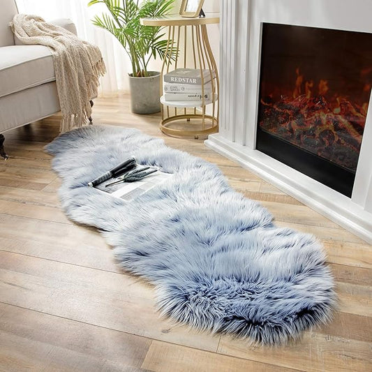 Ashler faux fur rug, Fluffy Shaggy Area Rug Ultra Soft 2 x 6 Feet Sheepskin Fur Rug, Frosted Bottom Blue Fuzzy Rug Machine Washable Shag Rug, Nursery Decor Throw Rugs for Bedroom, Living Room