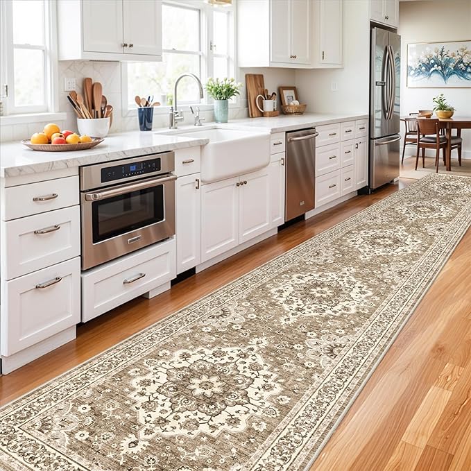 Washable Oriental Hallway Runner Rug - 3x20 Rugs for Living Room Soft Carpet for Bedroom Kitchen Waterproof Floral Distressed Indoor Stain Resistant Non-Shedding Floor Carpets (Beige, 3X20)
