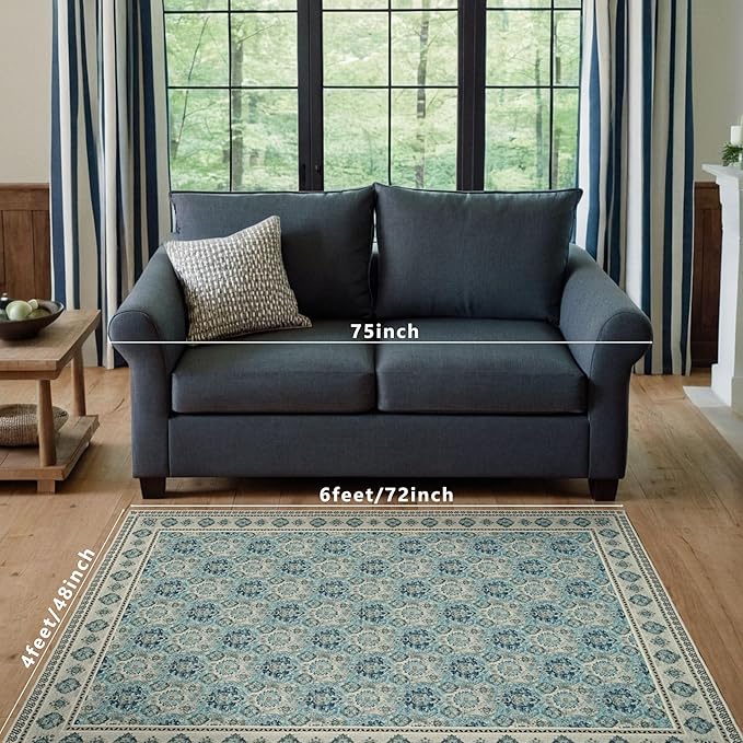 Vintage Washable Area Rug 4x6, Spill-Proof Surface, Non-Slip Backing, Cozy Soft Faux Wool, Printed Rug for Entryway, Living Room, Bedroom- Maya