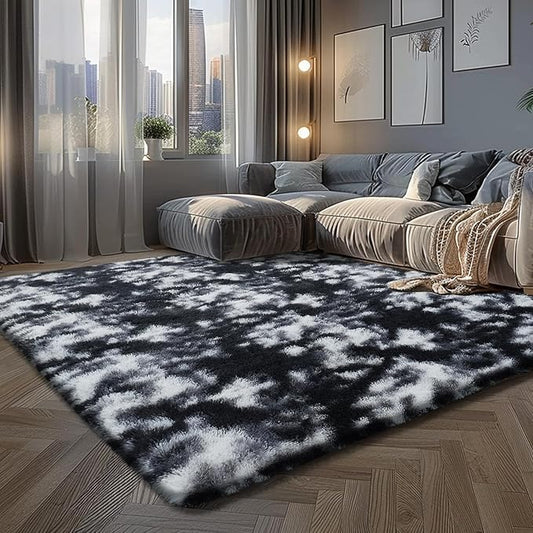 Fluffy Rug Shaggy Area Rug, Mottling Black 6x9 Area Rugs for Living Room, Large Shag Area Rugs for Bedroom Kids Room Home Decor, Upgrade Anti-Skid Rectangular Fuzzy Rugs