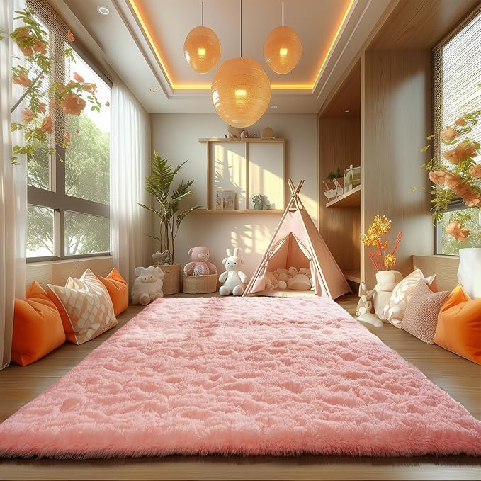 Zentavio Pink Rugs for Girls Room 8x10 Large Area Rugs for Living Room Cute Carpet for Bedroom Washable Soft Fluffy Shag Aesthetic Plush High Pile Rug for Nursery Kids Room Dorm Room