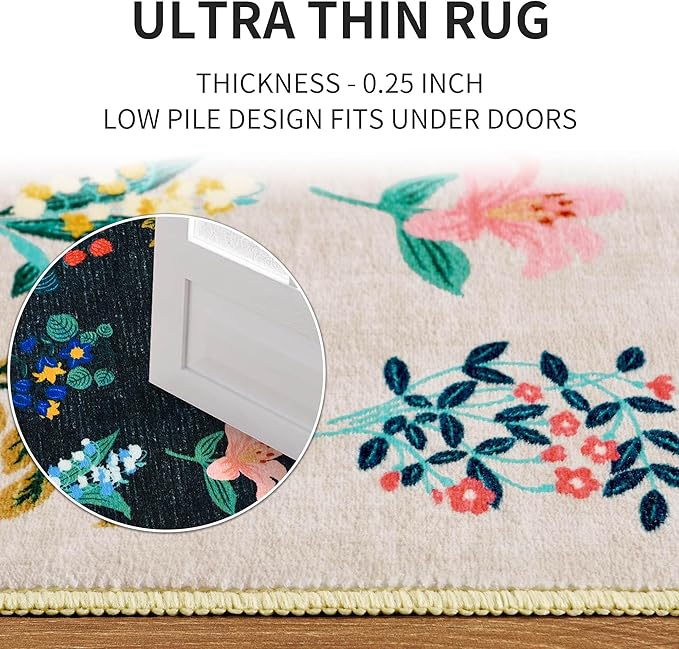 2x3 Floral Rug Soft Non-Slip Machine Washable Small Throw Rug for Entryway Kitchen Bedroom Entrance Indoor Door Mat, Beige Flower Accent Carpet for Girls Room