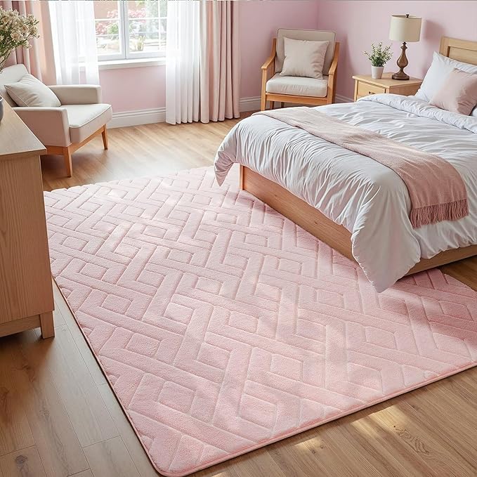 Ultra Soft Pink Area Rug for Living Room, 5x7 Modern Geometric Shag Rugs with Nonslip Backing for Bedroom, Washable Fuzzy Carpet for Cozy Kids Girls Room Nursery