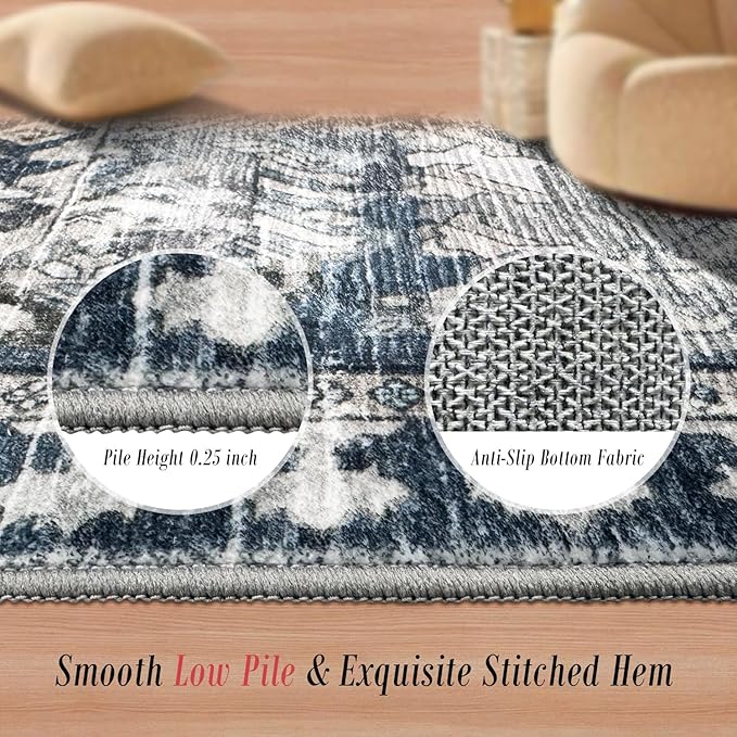 Washable Area Rugs - Perfect for Living Room, Bedroom, Kids Room, Nursery - Stain & Water Resistant Non-Slip, Pet & Child Friendly, Vintage Tribal Area Rugs (Grey and Blue, 5' x 7')