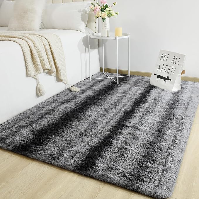 TWINNIS Super Soft Shaggy Rugs Fluffy Carpets, 5x8 Feet, Indoor Modern Plush Area Rugs for Living Room Bedroom Kids Room Nursery Home Decor, Upgrade Anti-Skid Rectangular Fuzzy Rug, Gray Black