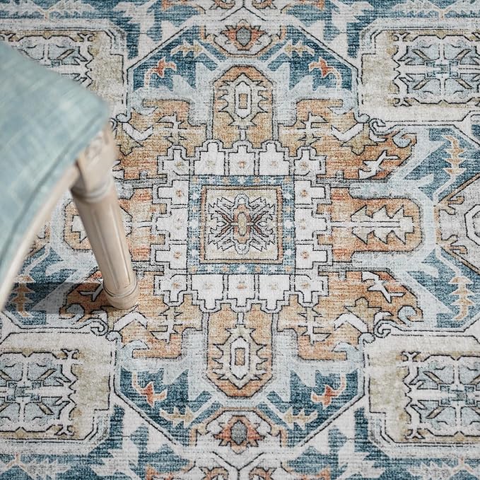 jinchan Runner Rug 2x6 Washable Hallway Runner Soft Thin Vintage Low Pile Non Slip Distressed Carpet Kitchen Runner Rug Oriental Medallion Rug for Entryway Bathroom Bedroom Laundry Room Blue Multi