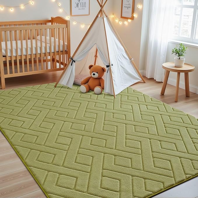 Ultra Soft Green Area Rug for Living Room, 5x7 Modern Geometric Shag Rugs with Nonslip Backing for Bedroom, Washable Fuzzy Carpet for Cozy Kids Room Nursery