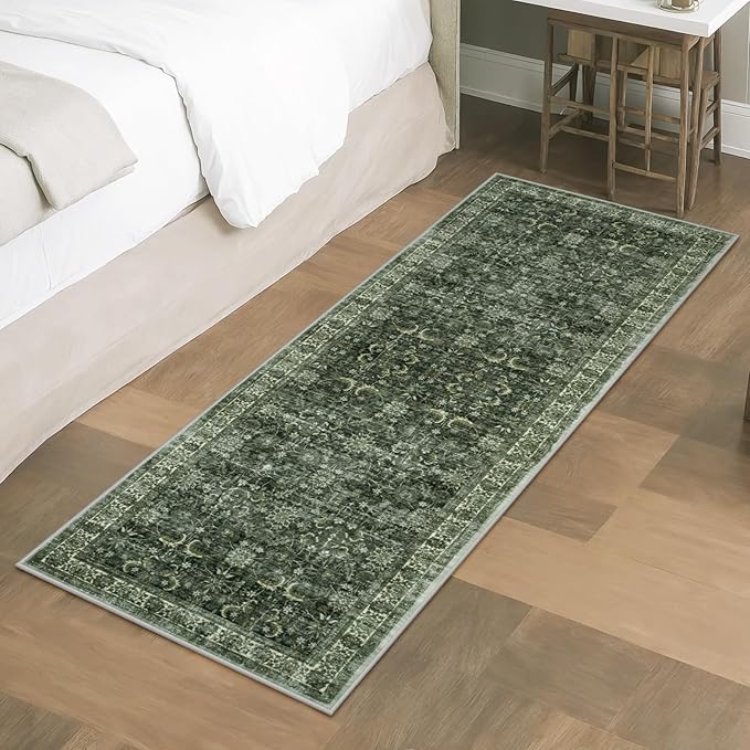 Anidaroel Runners for Hallways 2x6 Non Slip, Washable Kitchen Runner Rug, Vintage Boho Bathroom Runner Rug, Soft Indoor Throw Carpet Runner for Laundry Room Entryway, Dark Green