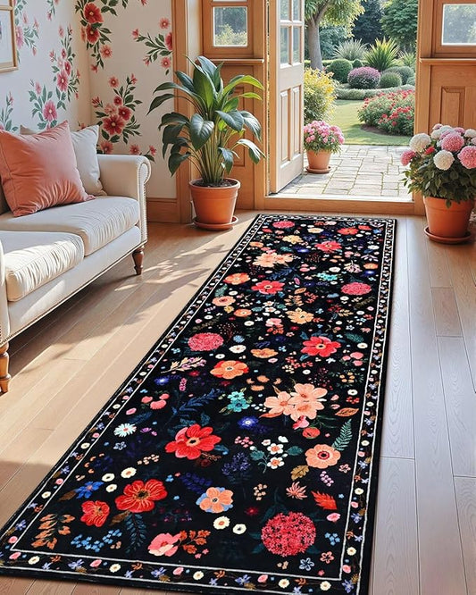 2.5x8 Floral Runner Rug, Flowers Printed Washable Rugs with Non Slip Backing for Girls Bedroom Kitchen Hallway,Cute Carpet Runners Home Aesthetic Decor, Black