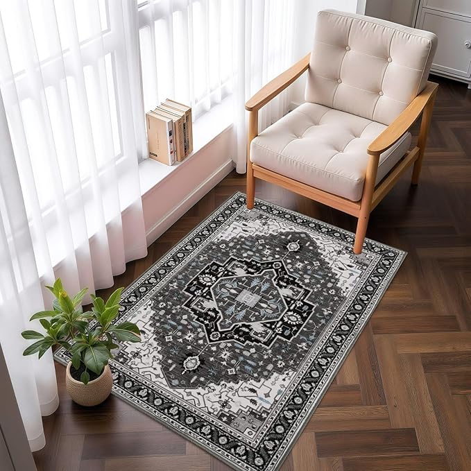 2x3 Black Grey Small Area Rug for Entryway, Soft Washable Rugs with Non-Slip Backing for Bedroom Kitchen, Vintage Throw Carpet Laundry Entry Front Door Decor