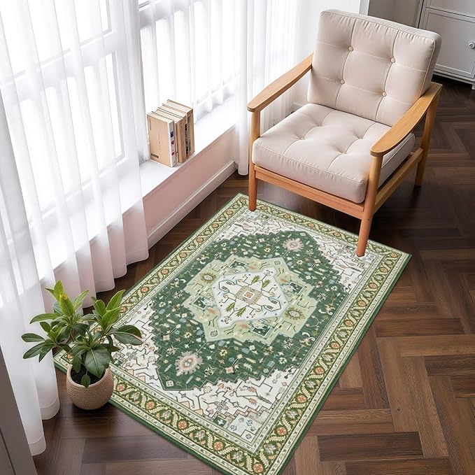 2x3 Green White Small Area Rug for Entryway, Soft Washable Rugs with Non-Slip Backing for Bedroom Kitchen, Vintage Throw Carpet Laundry Entry Front Door Decor