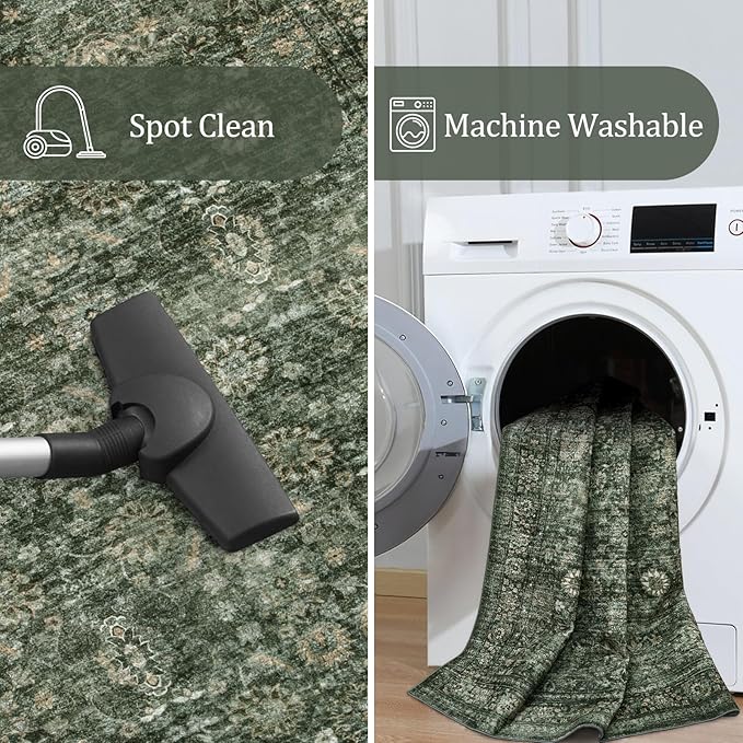 Morebes 2x6 Vintage Washable Dark Green Kitchen Runner Rug Non Slip, Boho Runners for Hallways, Non Shedding Soft Indoor Floor Throw Carpet for Laundry Living Room Bathroom Bedroom