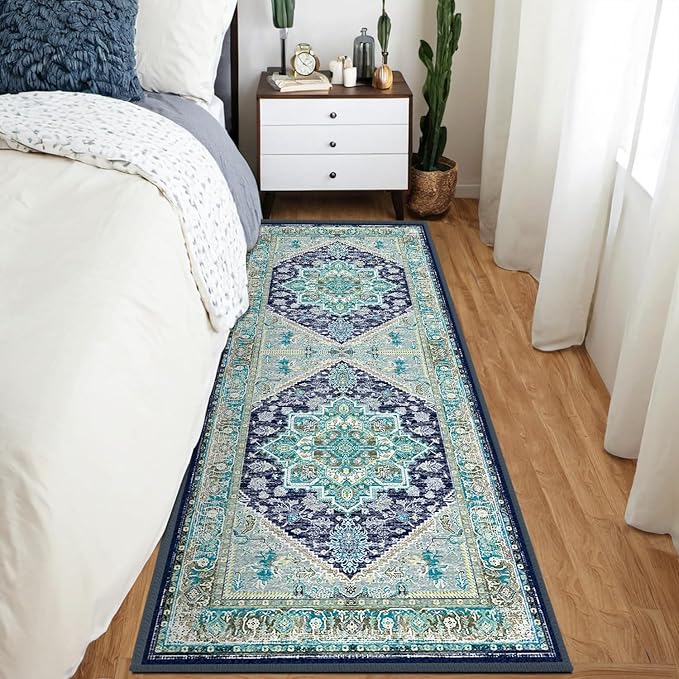 BESTSWEETIE 2x6 Area Rugs for Living Room Washable Non Slip Carpet Low Pile Soft Vintage Print Pattern Rug for Bedroom Dining Room Kitchen Entryway Indoor-Teal/Navy/Green/Yellow