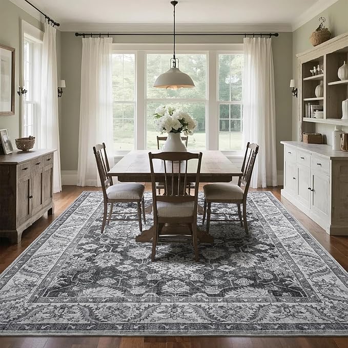 Area Rugs for Living Room, 6x9 Washable Area Rug for Bedroom, Retro Floral Non-Slip Carpet for Nursery Home Office Dining Room Kitchen, Grey