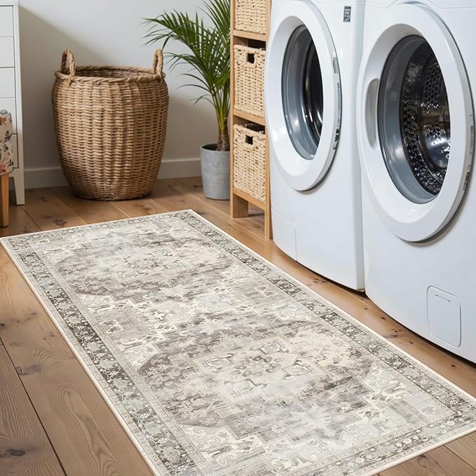 2x5 Hallway Runner Rug, Non Slip Boho Runner Rugs for Hallway, Kitchen, Entrance, Bathroom, Laundry Room, Soft Ultra-Thin Entryway Carpet, Throw Low Pile Retro Imitation Wool Carpet, Brown