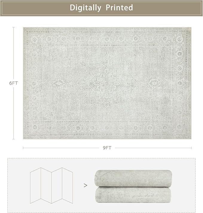 Washable Rugs 6x9 Area Rugs for Living Room,Bedroom,Large Carpets,Ultra Soft Faux Wool Retro Dining Room Rug,Non Slip&Non-Shedding Low Pile Vintage Rugs for Home Office,Concrete Grey