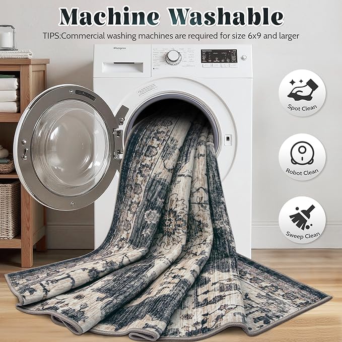 10x14 Area Rugs Washable Rug: Large Vintage Living Room Rugs with Non-Slip Backing Low Pile Rug Soft Indoor Floor Carpet Non Shedding Neutral Carpet for Bedroom Dining Room Farmhouse Nursery Black
