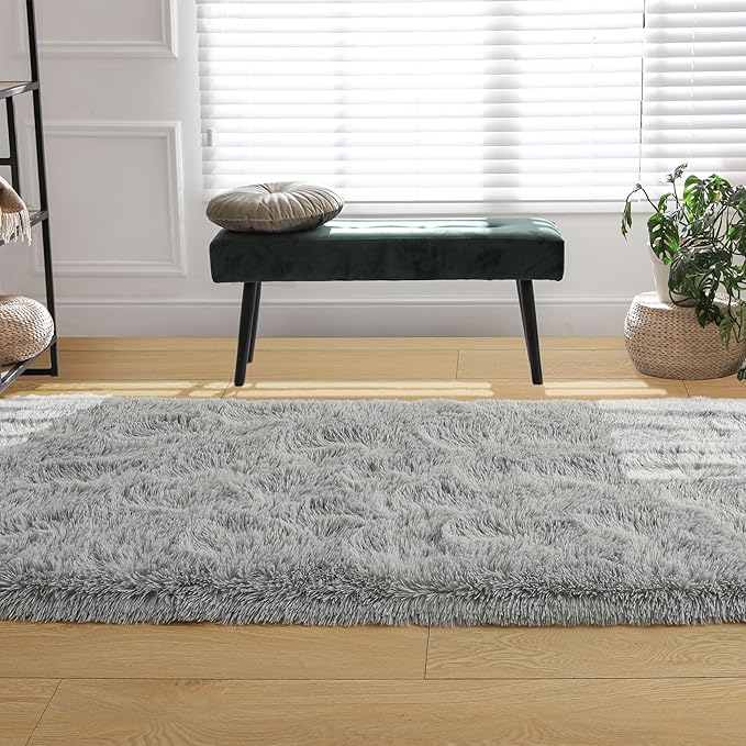 Tepook Soft Runner Rugs for Bedroom 2x6 ft with Rubber Backing, Grey Fluffy Rugs for Living Room, Shag Bedside Rug Fuzzy Plush Carpet for Room, Area Rug for Dorm Nursery Hallway Indoor Home Decor