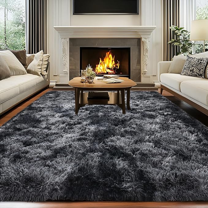 6x9 Fluffy Shag Area Rugs for Living Room, Soft Cozy Large Fuzzy Shaggy Carpet for Boys Girls Kids Bedroom, Non-Slip & High Pile, Modern Indoor Floor Plush Thick Rug, Tie-dye Dark Grey