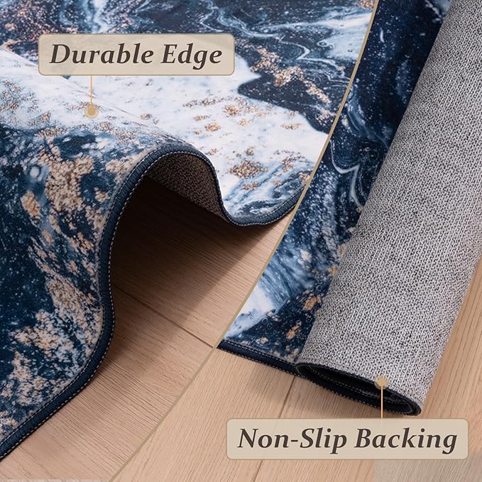 Washable Area Rug 6x9 - Artistic Style Modern Rug for Living Room Bedroom Dining Room, Soft Low Pile Machine Washable Carpet, Non Slip Non Shedding Area Rug - Dark Blue/Gold, 6'x9'
