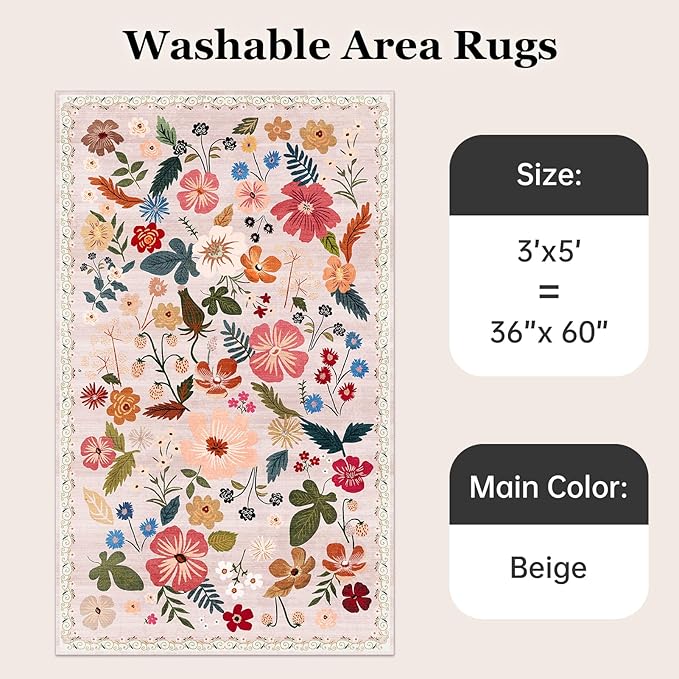 Beige 3x5 Area Rugs for Bedside Machine Washable Boho Floral Small Carpet Rugs Soft Non-Slip Low Pile Faux Fur Cream Farmhouse Aesthetic Rug for Living Room Entrance Bedroom Patio Office