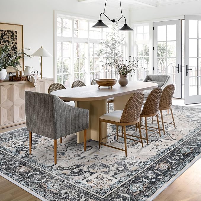 Washable Area Rug 9x12 - Living Room Farmhouse Vintage Oriental Rug Large Distressed Non-Slip Stain Resistant Carpet for Bedroom Dining Room Home Office (9x12 Blue/Cream)