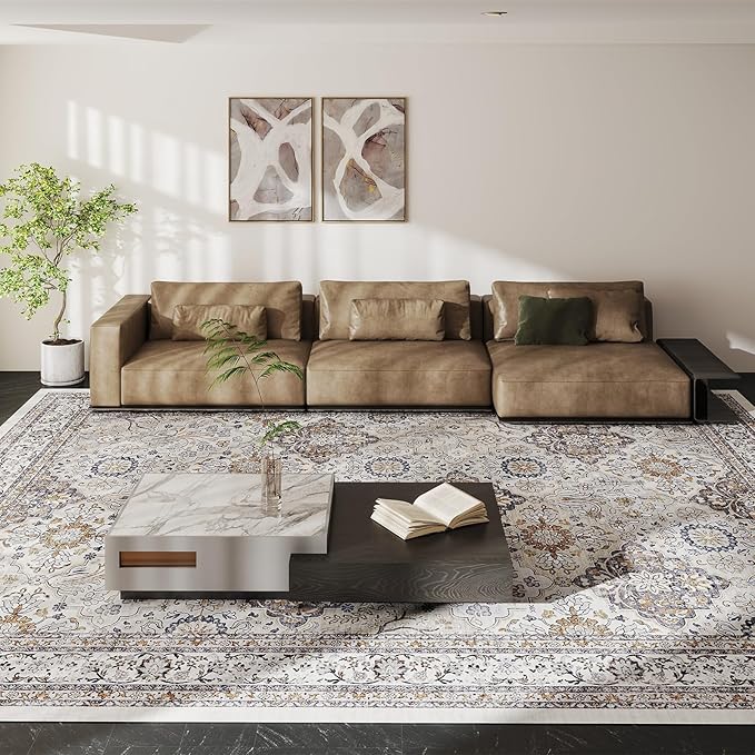 5x7 Rug, Washable Neutral Boho Modern Vintage Non Slip Floral Area Carpet, Low Pile Soft Rugs, Slip Resistance, Pet-Friendly, Durable Rug for Living Room, Bedroom, Kitchen, Dining Room
