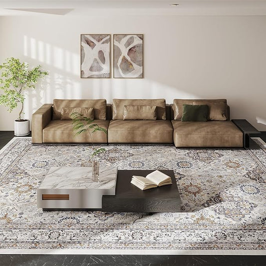 9x12 Rug, Washable Neutral Boho Modern Vintage Non Slip Floral Area Carpet, Low Pile Soft Rugs, Slip Resistance, Pet-Friendly, Durable Rug for Living Room, Bedroom, Kitchen, Dining Room