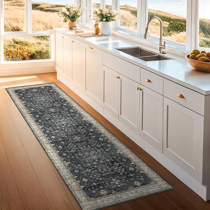 Black Washable Long Runners for Hallways, 2'6"x8' Wide Kitchen Runner Rug, Entryway Indoor Rug, Non Slip Rubber Backing Boho Vintage Floor Decor