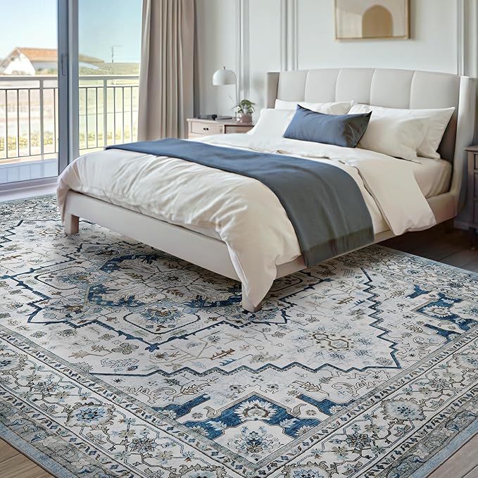 Area Rugs for Living Room 9x12 - Large Machine Washable Vintage Oriental Soft Rug, Low Pile Thin Carpet with Non Slip Backing for Bedroom, Dorm, Under Dining Room Table, Indoor House, Office Decor
