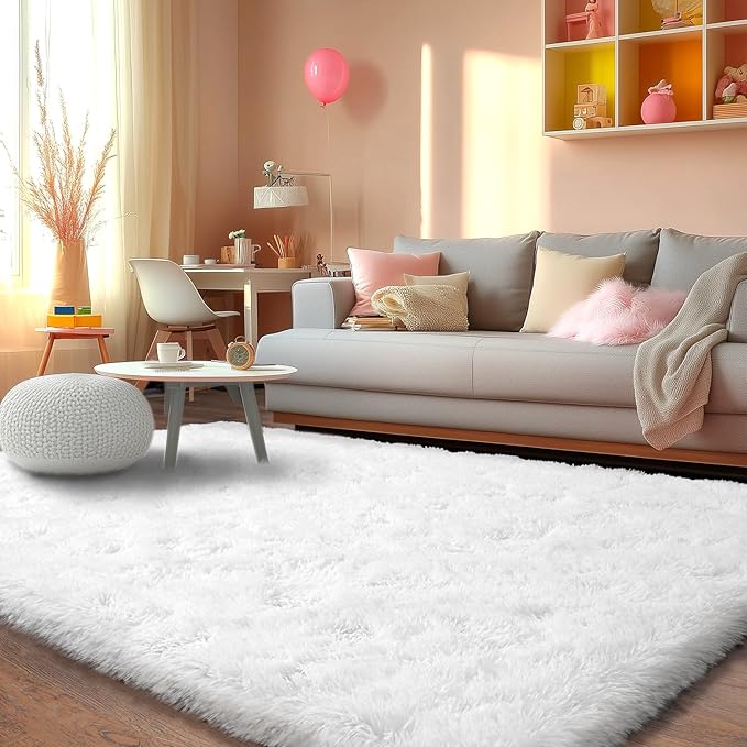 White Fluffy Rug for Bedroom White Fuzzy Rug Non-Slip Indoor Floor Carpet for Living Room Anti-Skid Rectangular Fuzzy Rug 4x6