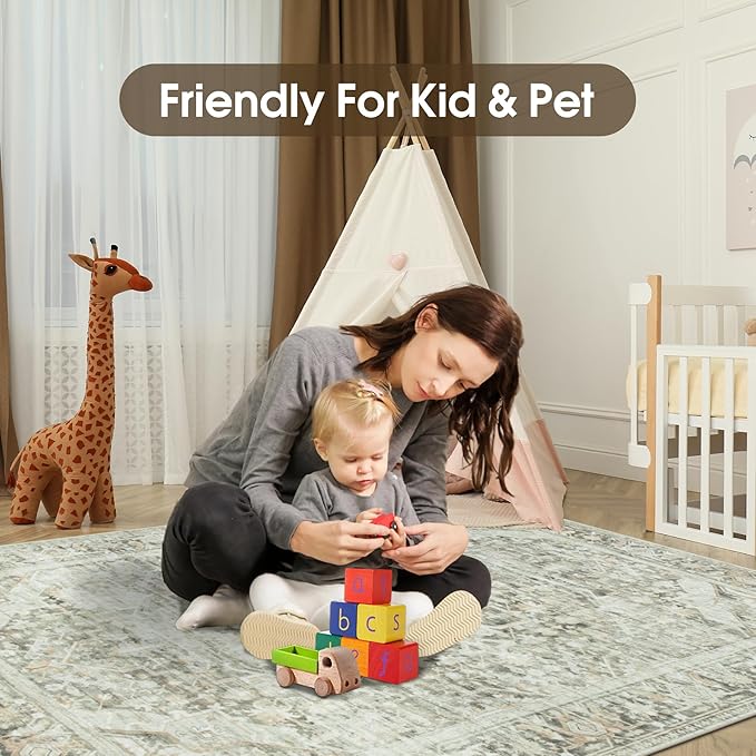 Washable Rugs 8x10 Area Rugs, Soft Vintage Living Room Rug with Anti-Skid Backing Stain Resistant Thin Indoor Carpet Large Area Rug for Bedroom Under Dining Room Table Nursery Entryway-Brown/Green