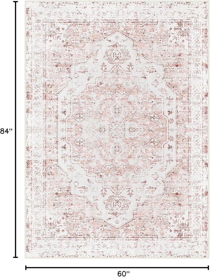 Morebes Boho 5x7 Pink Rugs for Bedroom Girls, Soft Low Pile Nursery Rug Washable Carpet for Living Room, Neutral Non Slip Indoor Floor Carpet for Kids Room Playroom Dining Room