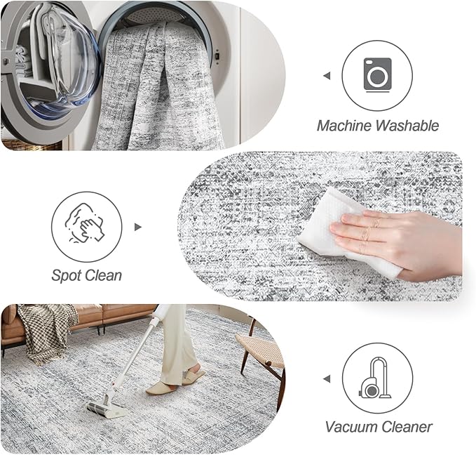10x14 Area Rugs for Living Room, Non Slip Machine Washable Vintage Rugs, Low Pile Lightweight Large Rug for Bedroom, Dining Room, Home Office Grey