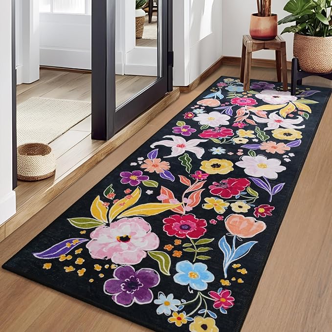 ST. BRIDGE Black Runner Rug 2x6, Washable Rug Runners for Hallway Entryway Bedroom, Non-Slip Low Pile Boho Floral Throw Rugs Soft Faux Wool Floor Carpet for Kitchen, Bathroom, Laundry