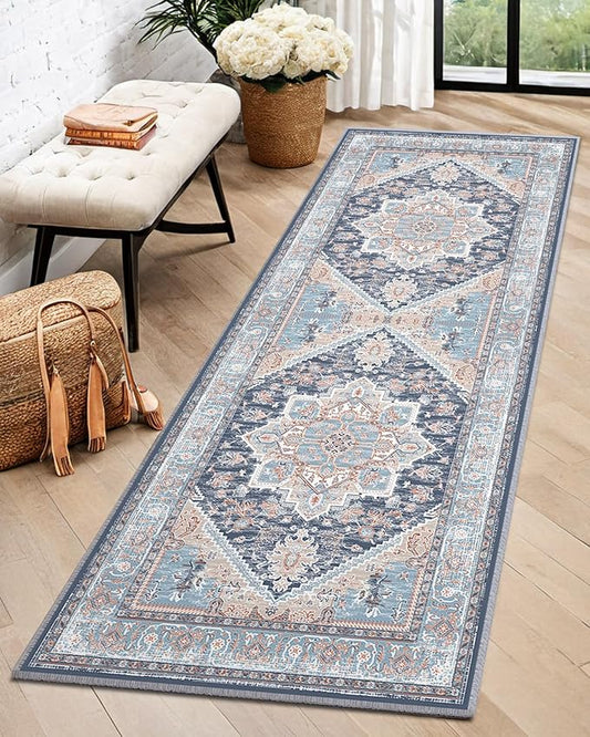 BESTSWEETIE 2x6 Area Rugs for Living Room Washable Non Slip Carpet Low Pile Soft Vintage Print Pattern Rug for Bedroom Dining Room Kitchen Entryway Indoor-Navy Blue/Light Blue/Natural/Brick