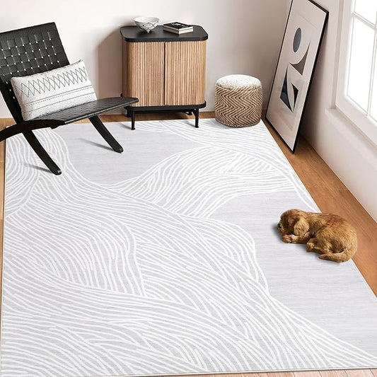 Area Rugs for Living Room 8x10 Washable Rug Modern Abstract Area Rug Contemporary Indoor Soft Faux Wool Bedroom Rug Non-Slip Low Pile Accent Rug for Dining Room Nursery Office Grey/White