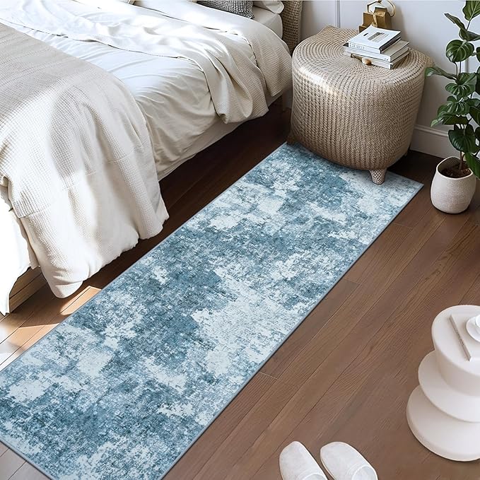 Runner Rug 2'6''x8' Washable Runner Rug: Machine Washable Kitchen Area Rug with Anti-Slip Backing Non-Shedding Stain-Resistant Long Soft Carpet Runner for Hallway, Bedroom, Laundry Room-Blue