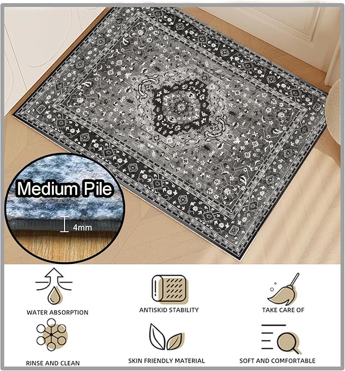 Yancorp 2'x3' Area Rug for Bedroom Non Slip Washable Rug Vintage Carpet Living Room Non-Shedding Indoor Floor Mats Bedroom Kitchen Entryway Rugs-Rectangle Black Grey