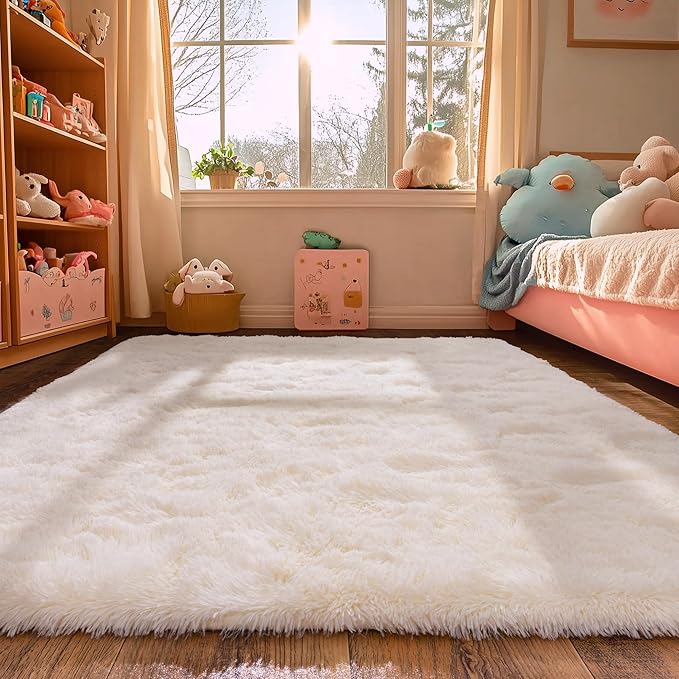 White Fluffy Rug for Bedroom 6x9 ft - Ultra Soft & Non Slip Shaggy Area Rug, Comfy Durable Carpet for Living Room Kids Room Teens Dorm Home Decor, 1.7'' Thick Indoor Plush Carpets