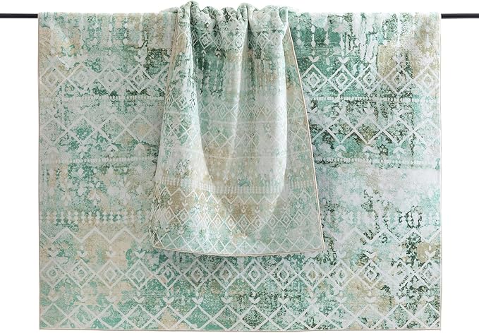 Carvapet Rugs for Living Room Bedroom, Green Boho Low Pile Large Carpet with Rubber Backing, Foldable, Non Slip Machine Washable (9 x 6 Feet Rectangular, Green Area Rug)