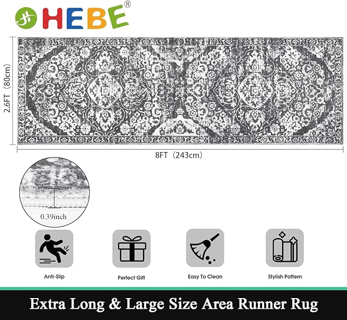 HEBE Hallway Runner Rug 2'8''x8' Washable Vintage Distressed Area Rugs Non Slip Laundry Rug Runner Boho Floor Carpet Runners for Hallways Entryway Laundry Room Kitchen Bathroom