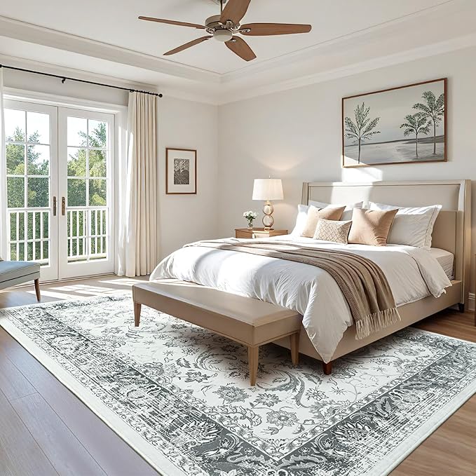 Area Rugs for Living Room, Washable 5x7 Area Rug for Bedroom, Floral Non-Slip Carpet for Nursery Home Office Dining Room Kitchen, Grey and White