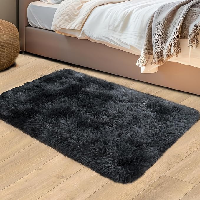 2x3 Rugs for Bedroom, Fluffy Area Rugs for Living Room, Soft Shag Kids Rug Small Carpet with 4 Non-Slip Rug Pads (Black Grey Tie-Dyed, 2ft x 3ft)